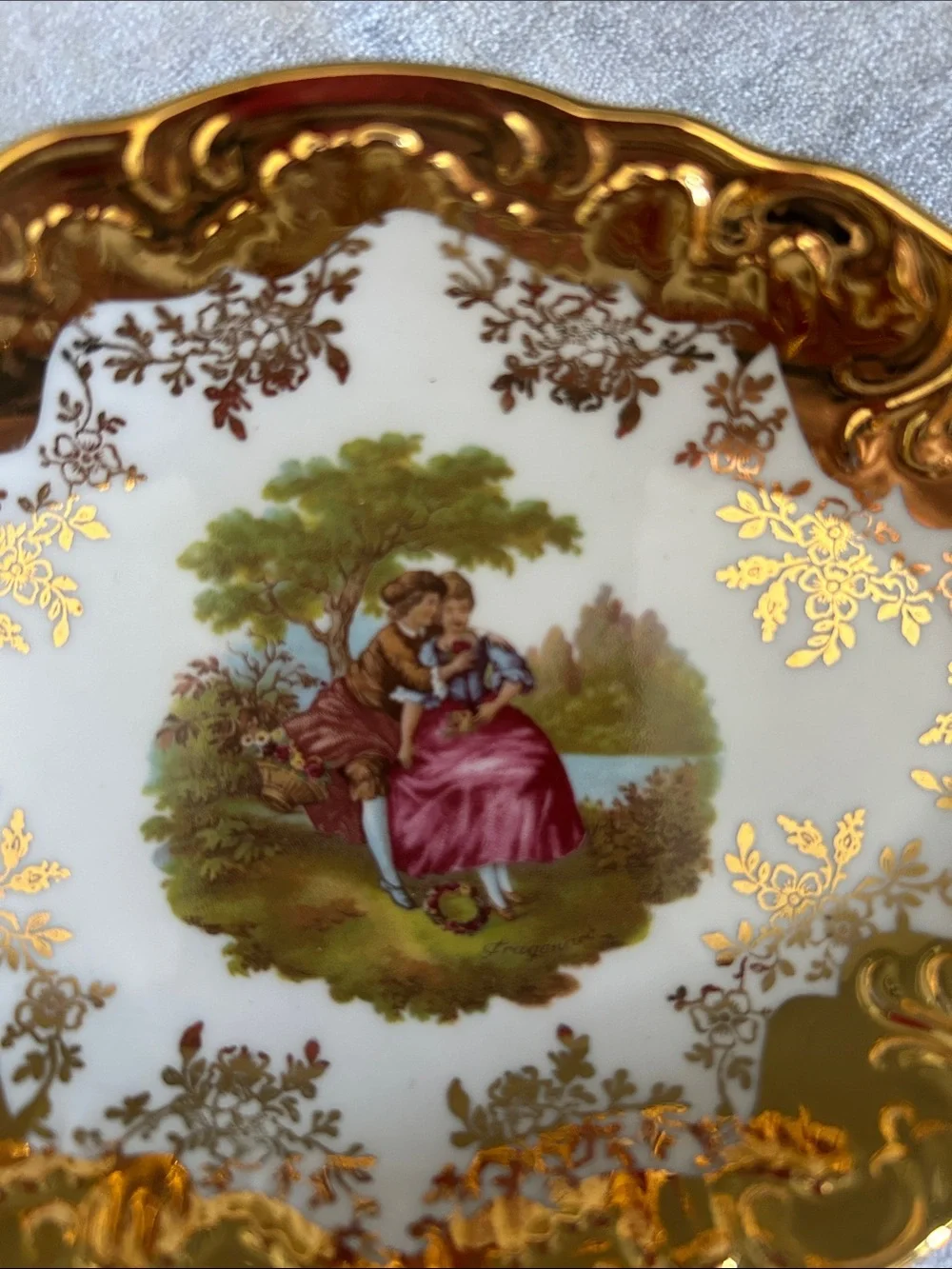 Gold-Trim Decorative Porcelain Serving Tray with Vintage Scene